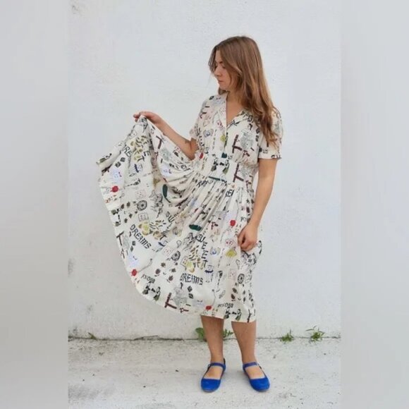 Caron Callahan Rosie cream doodle print dress Size Medium - Picture 1 of 5